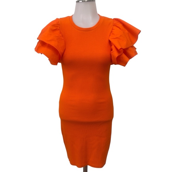 Zara Orange Ruffled Rib Dress Size Small - Picture 2 of 6